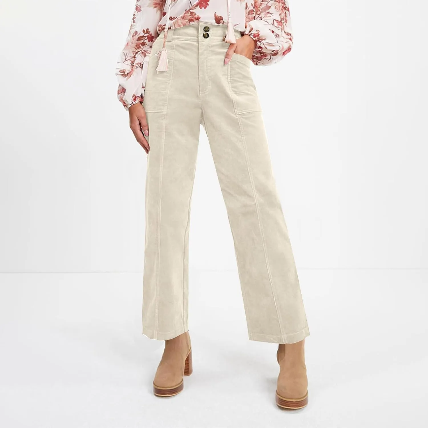 Womens Corduroy Pants Trendy Straight Leg High Waisted Work Pants Trousers Ladies Elastic Waist Pants with Pockets