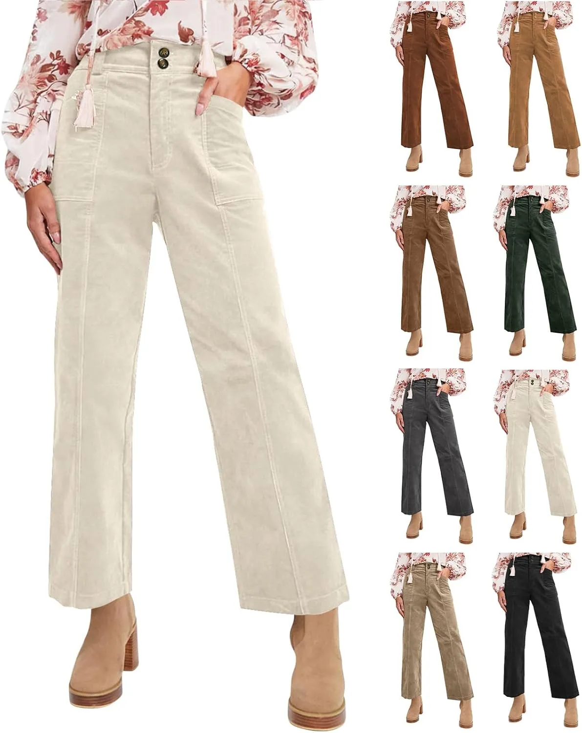 Womens Corduroy Pants Trendy Straight Leg High Waisted Work Pants Trousers Ladies Elastic Waist Pants with Pockets