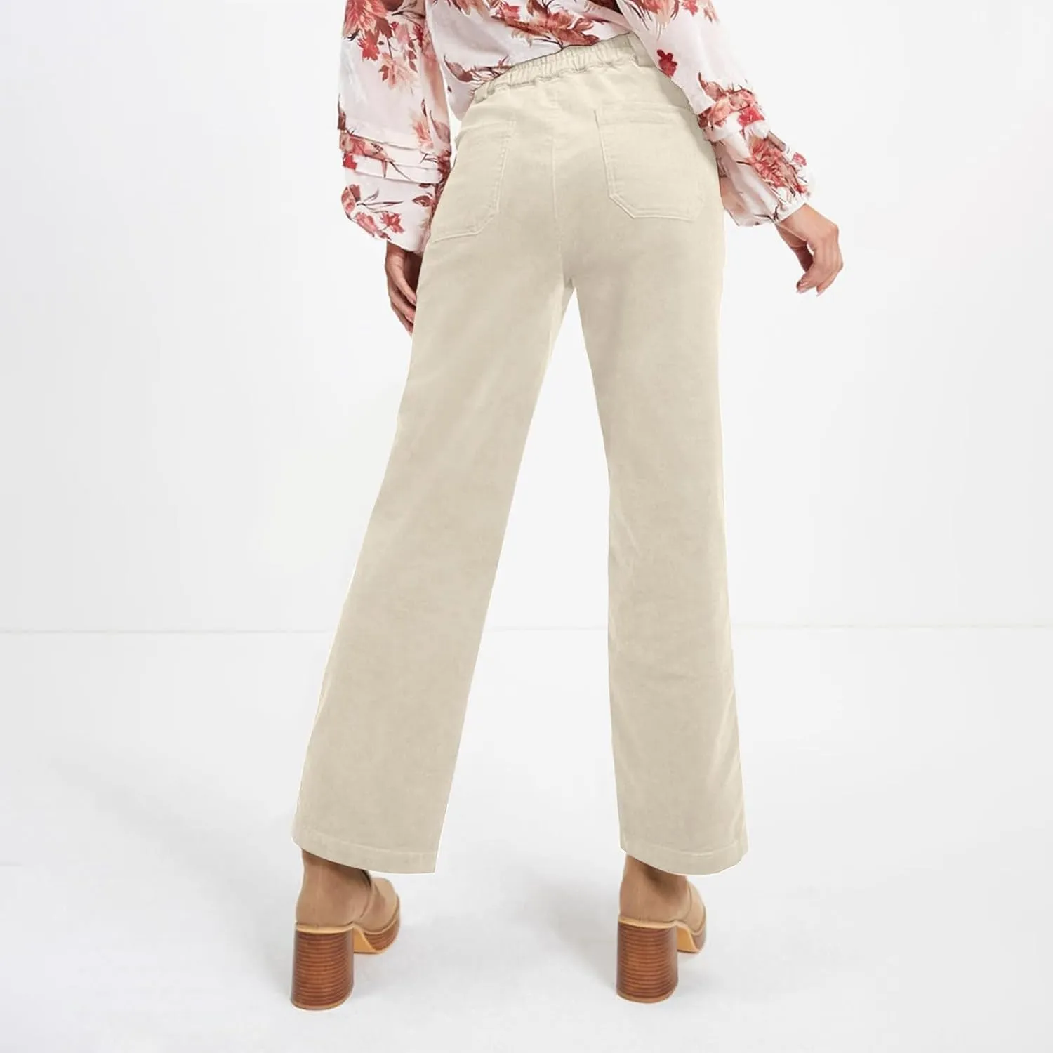 Womens Corduroy Pants Trendy Straight Leg High Waisted Work Pants Trousers Ladies Elastic Waist Pants with Pockets