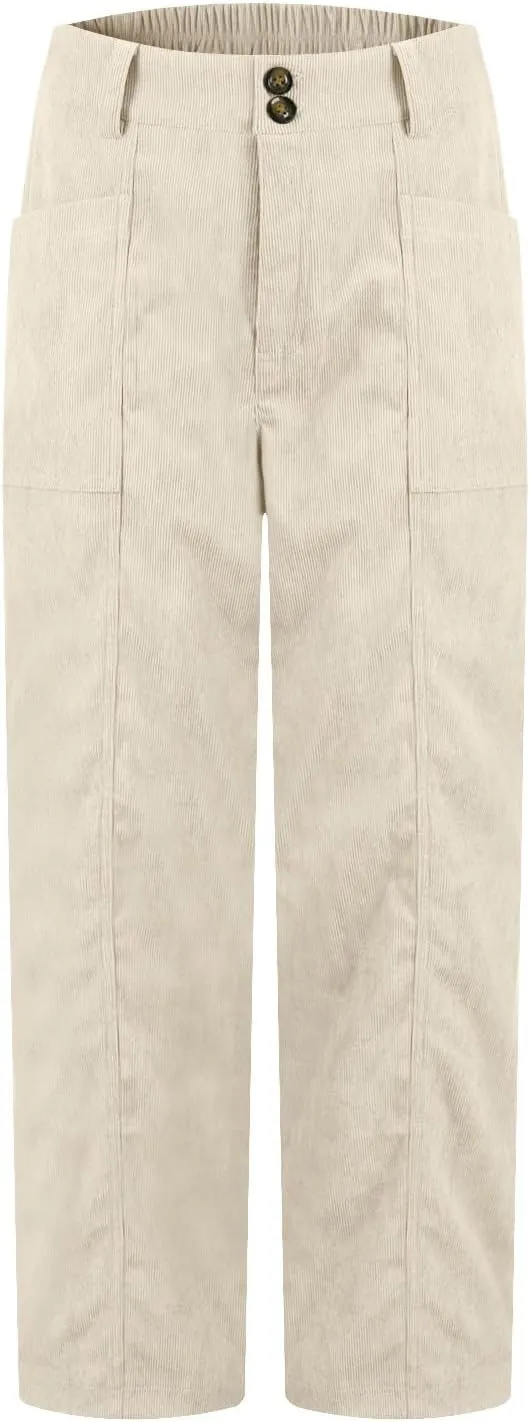 Womens Corduroy Pants Trendy Straight Leg High Waisted Work Pants Trousers Ladies Elastic Waist Pants with Pockets
