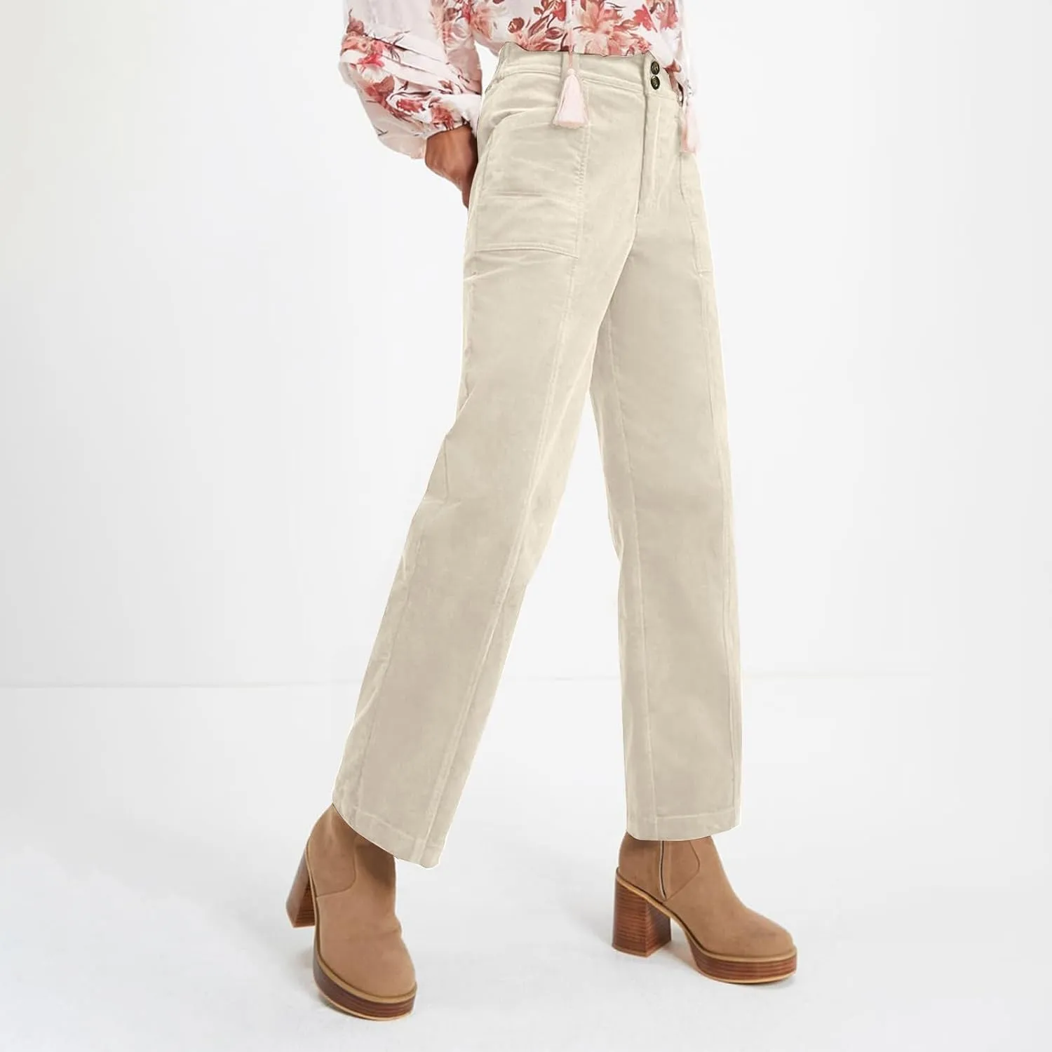 Womens Corduroy Pants Trendy Straight Leg High Waisted Work Pants Trousers Ladies Elastic Waist Pants with Pockets