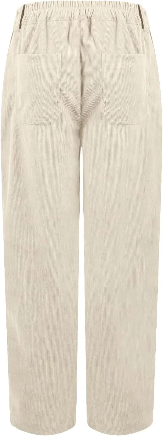 Womens Corduroy Pants Trendy Straight Leg High Waisted Work Pants Trousers Ladies Elastic Waist Pants with Pockets