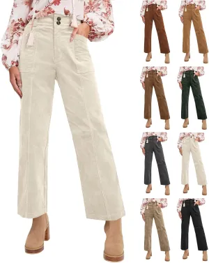 Womens Corduroy Pants Trendy Straight Leg High Waisted Work Pants Trousers Ladies Elastic Waist Pants with Pockets