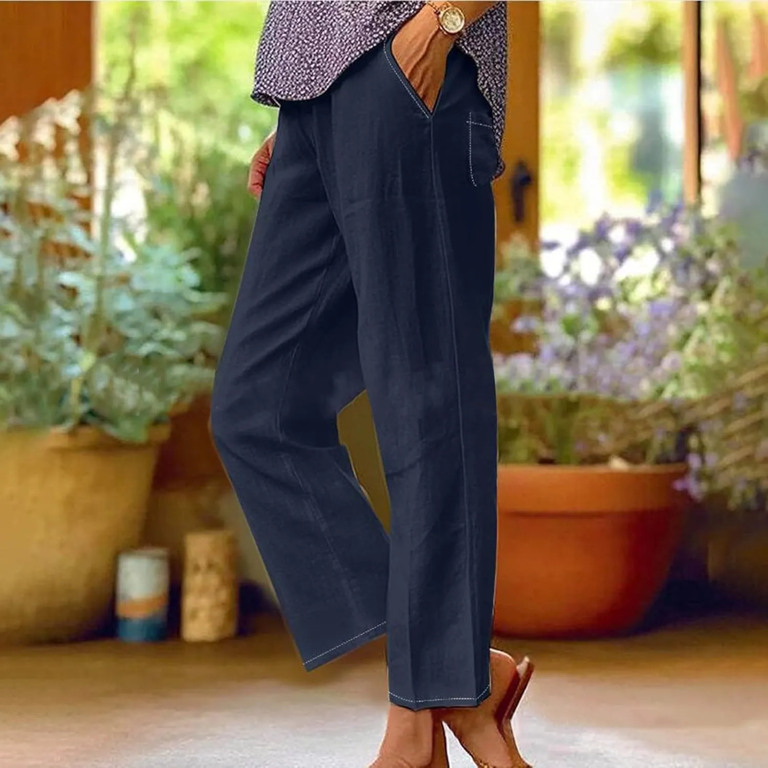 Womens Cotton Linen Buttons Waist Pant Casual Straight Leg Long Trousers Summer Lightweight Loose Pants