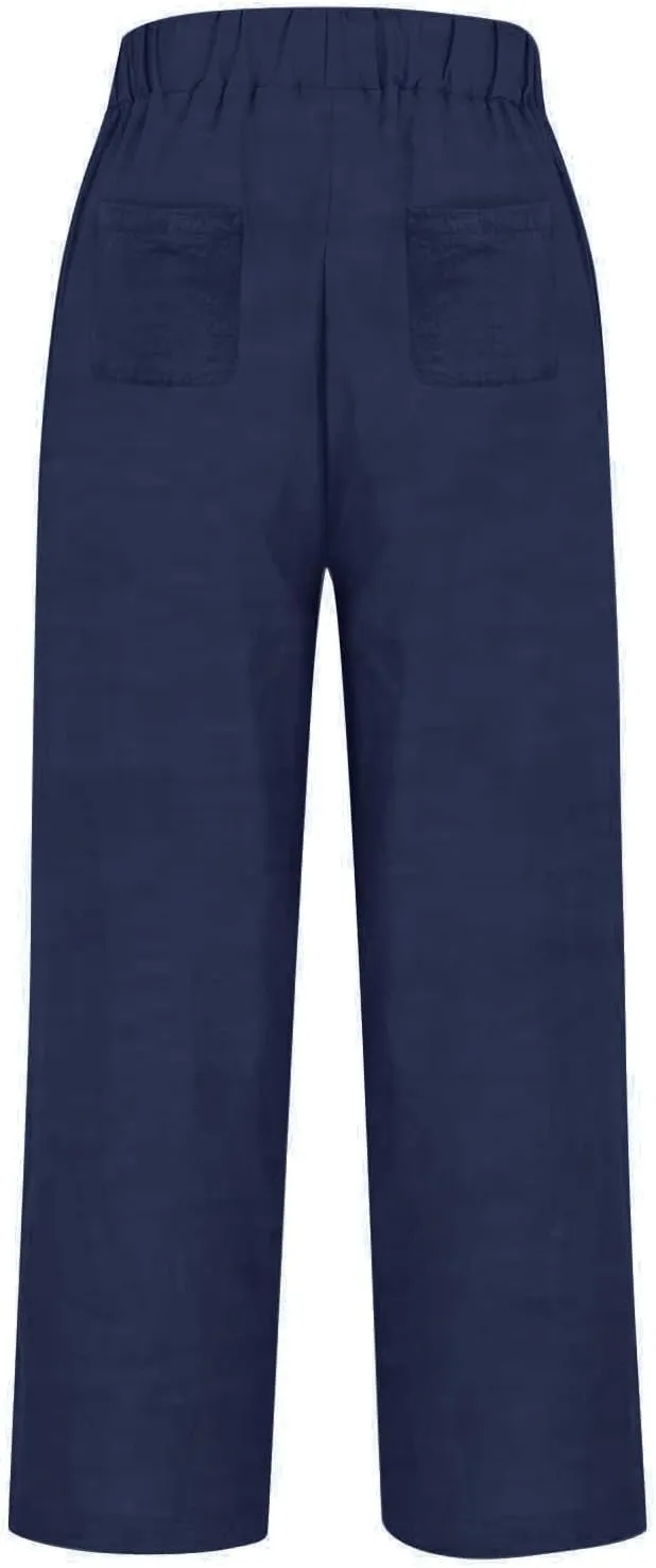 Womens Cotton Linen Buttons Waist Pant Casual Straight Leg Long Trousers Summer Lightweight Loose Pants