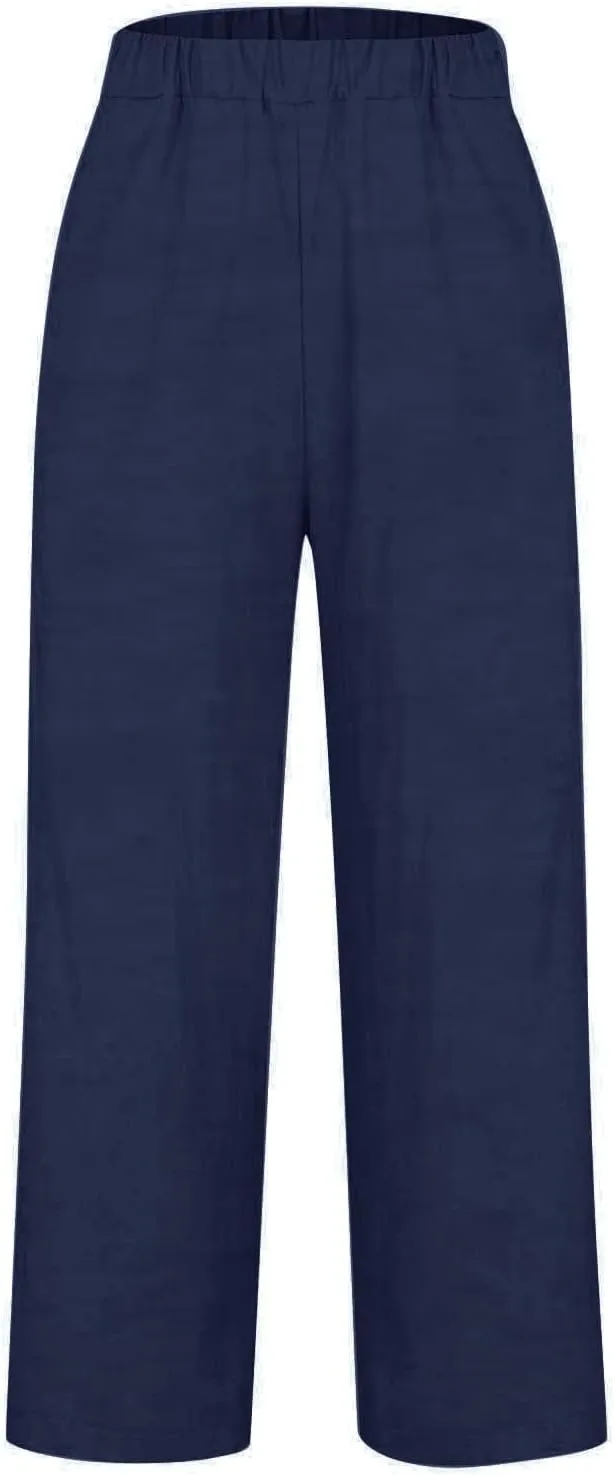 Womens Cotton Linen Buttons Waist Pant Casual Straight Leg Long Trousers Summer Lightweight Loose Pants