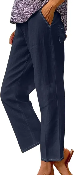 Womens Cotton Linen Buttons Waist Pant Casual Straight Leg Long Trousers Summer Lightweight Loose Pants