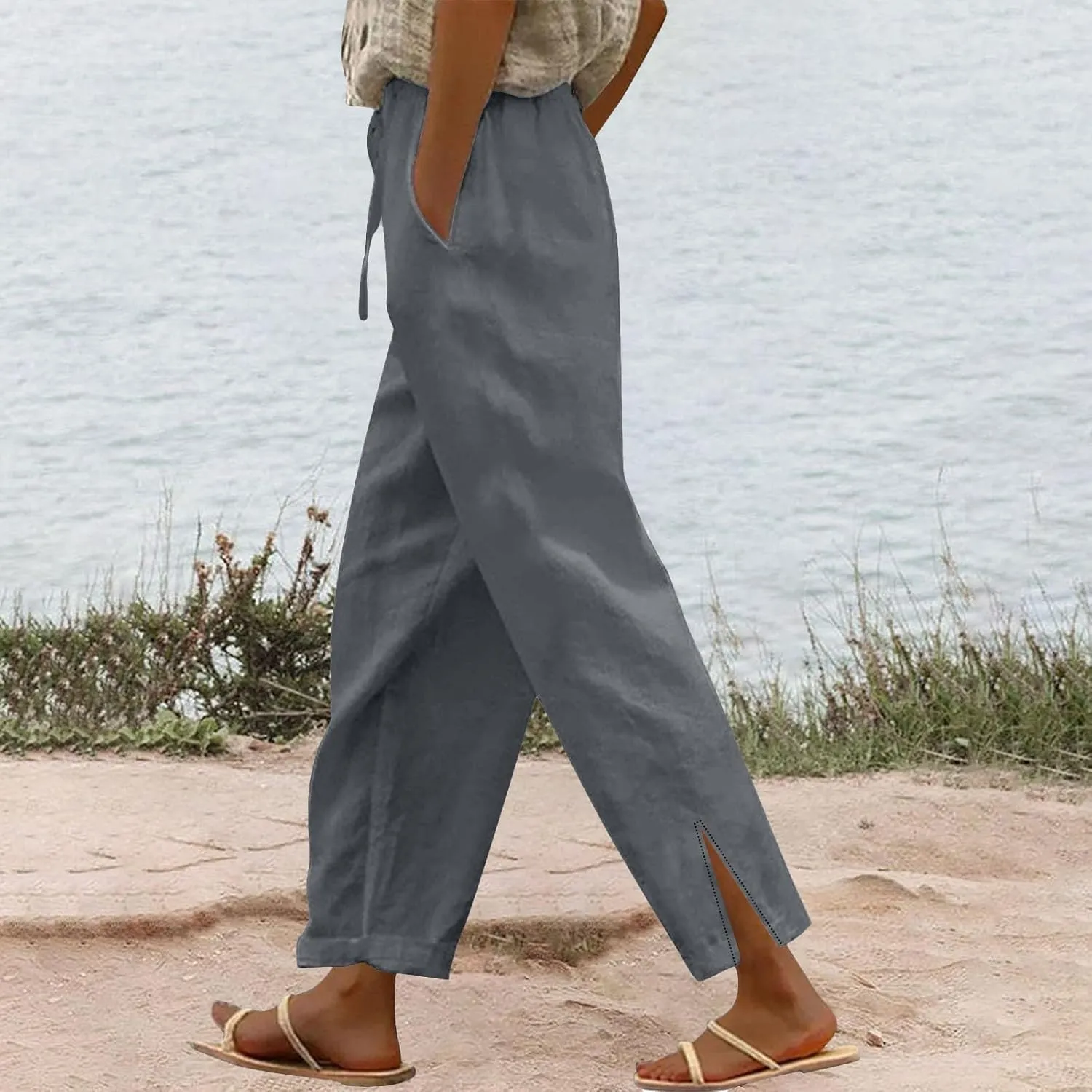 Womens Cotton Linen Casual Pants Loose Drawstring Elastic Waist Workout Athletic Palazzo Wide Leg Beach Trousers with Pockets