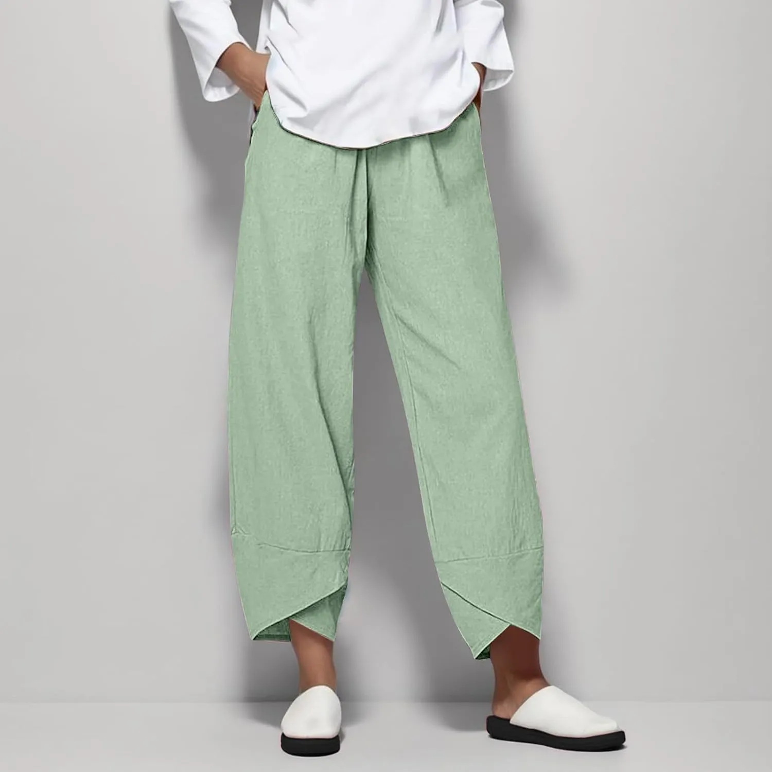 Womens Cotton Linen Casual Summer Capri Pants Printed Cropped Comfy Baggy Trousers with Pockets Palazzo Lounge Pants