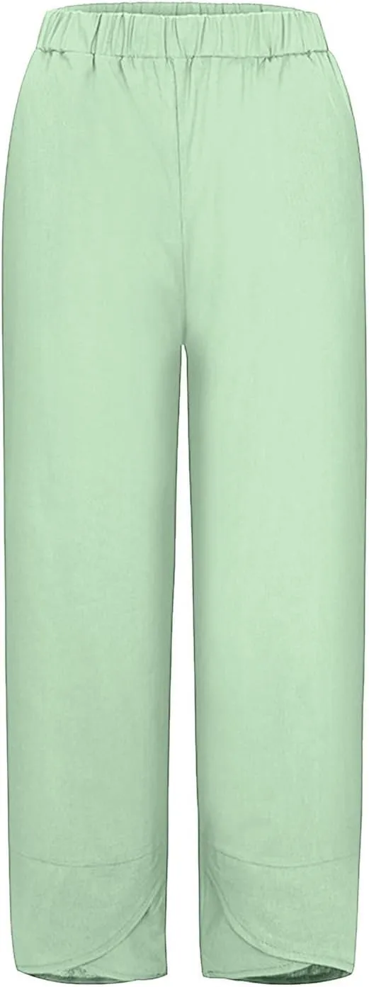 Womens Cotton Linen Casual Summer Capri Pants Printed Cropped Comfy Baggy Trousers with Pockets Palazzo Lounge Pants