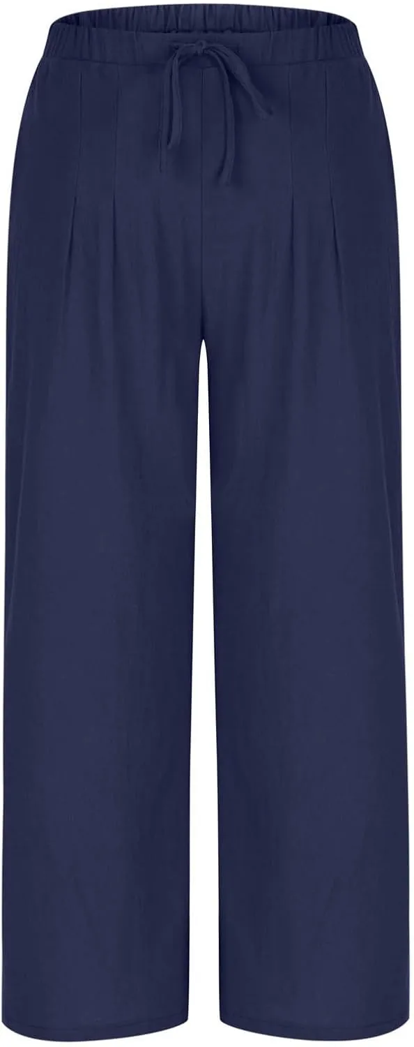 Womens Cotton Linen Palazzo Pants Drawstring Elastic High Waist Casual Wide Leg Trousers Summer Bech Slacks