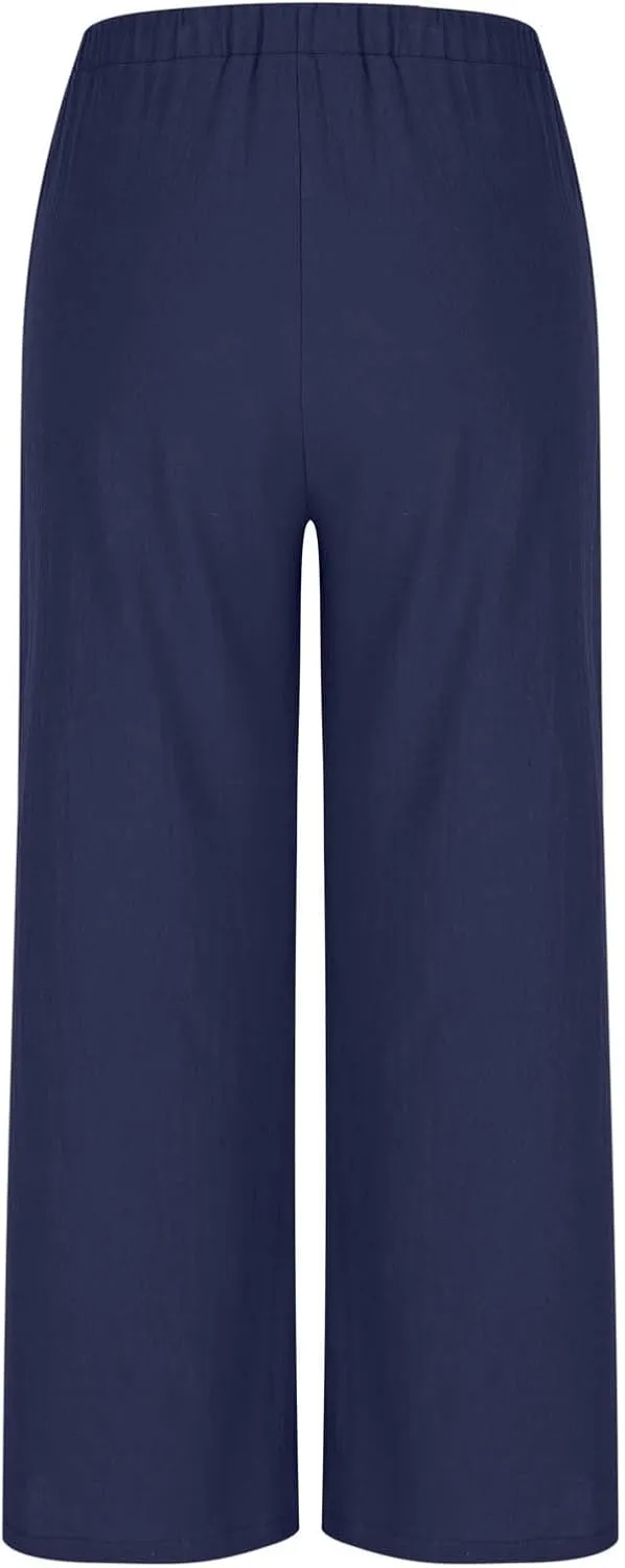 Womens Cotton Linen Palazzo Pants Drawstring Elastic High Waist Casual Wide Leg Trousers Summer Bech Slacks