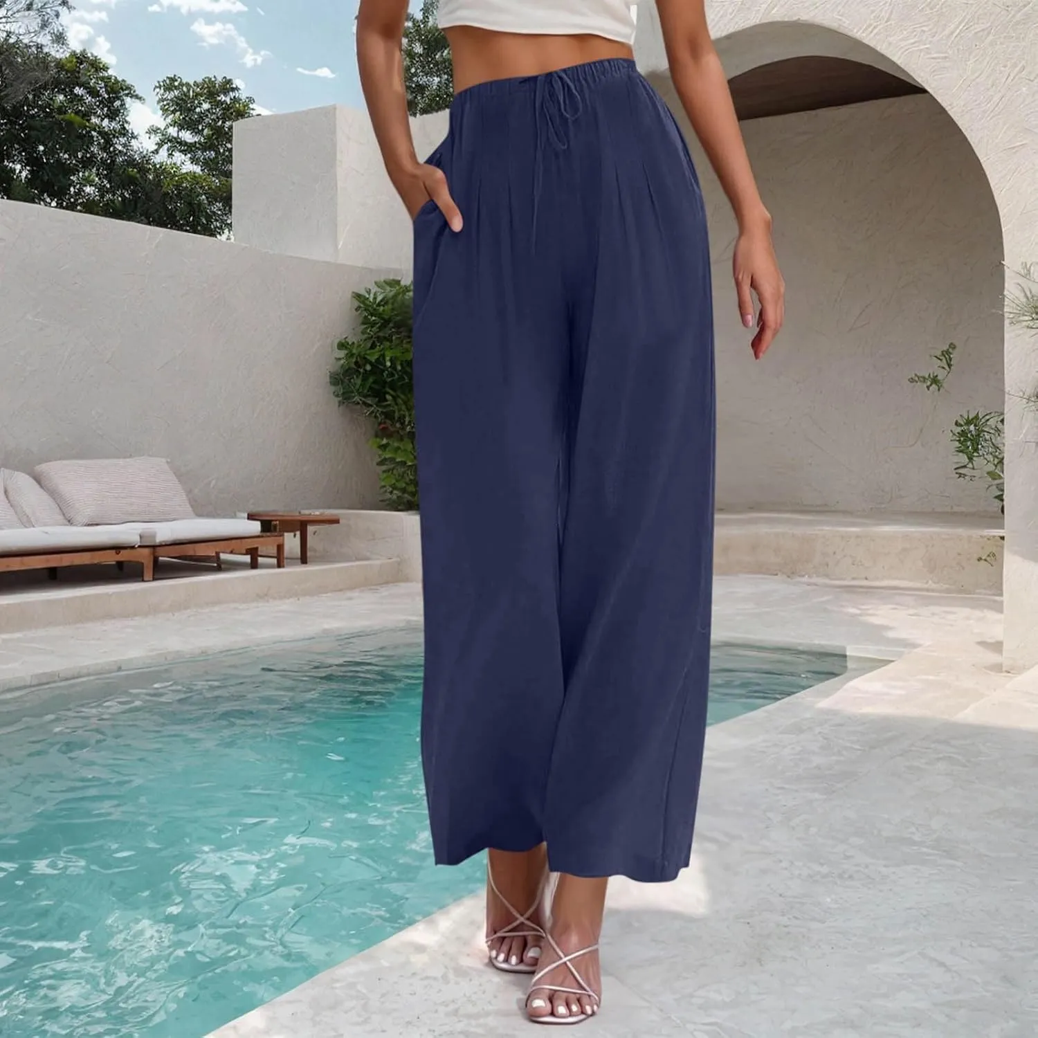 Womens Cotton Linen Palazzo Pants Drawstring Elastic High Waist Casual Wide Leg Trousers Summer Bech Slacks