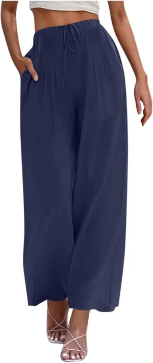 Womens Cotton Linen Palazzo Pants Drawstring Elastic High Waist Casual Wide Leg Trousers Summer Bech Slacks