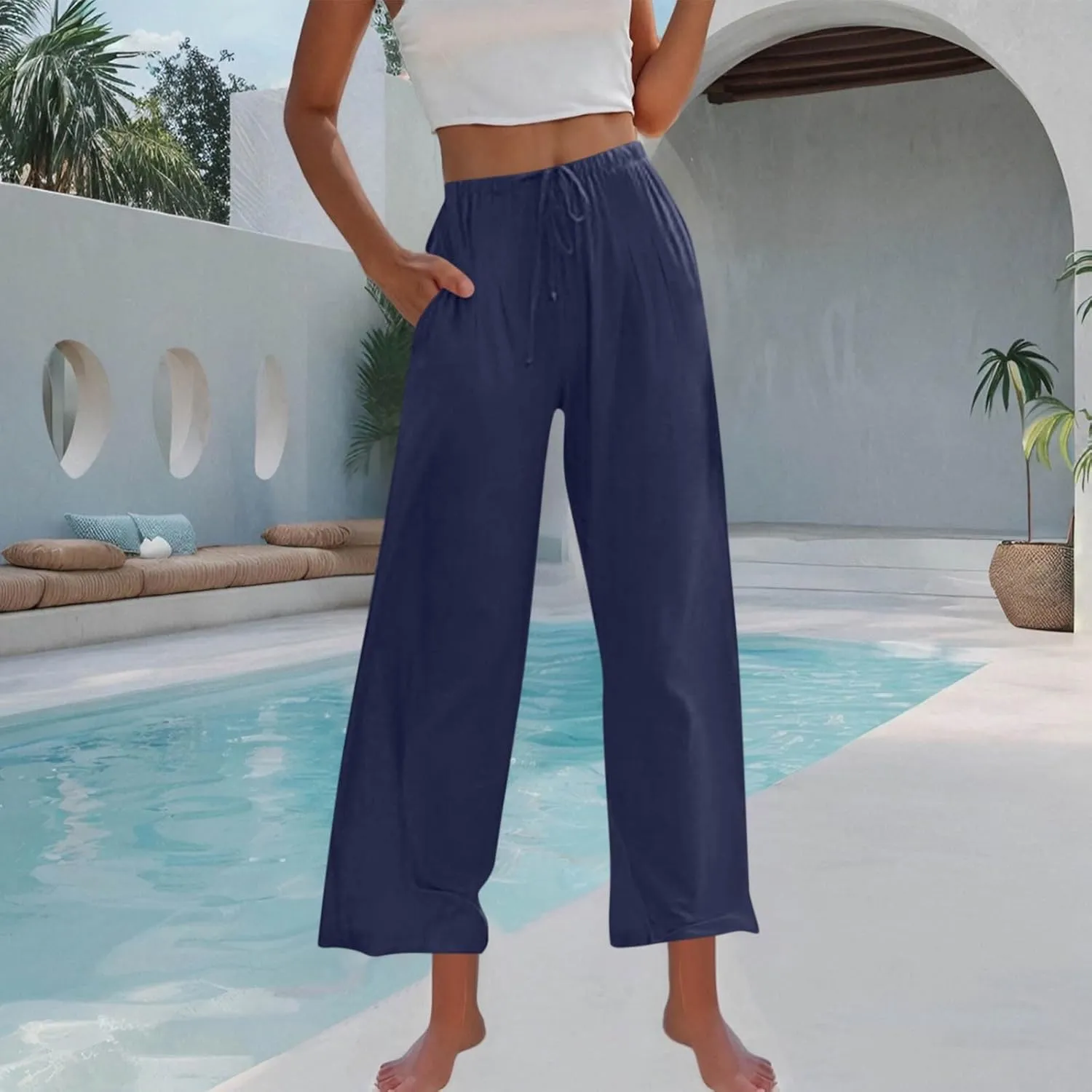 Womens Cotton Linen Palazzo Pants Drawstring Elastic High Waist Casual Wide Leg Trousers Summer Bech Slacks