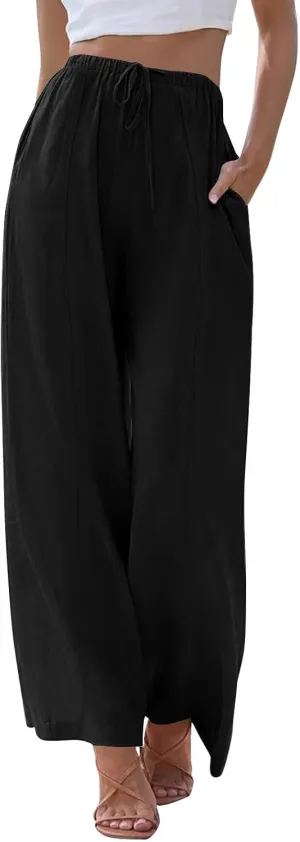 Womens Cotton Linen Palazzo Pants Drawstring Elastic Waist Casual Wide Leg Trousers Summer Beach Pants with Pockets