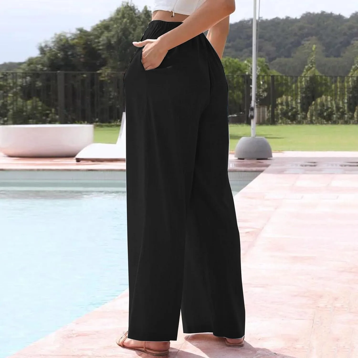 Womens Cotton Linen Palazzo Pants Drawstring Elastic Waist Casual Wide Leg Trousers Summer Beach Pants with Pockets