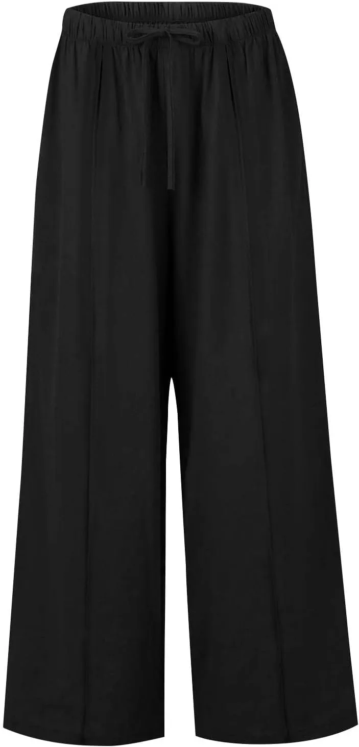 Womens Cotton Linen Palazzo Pants Drawstring Elastic Waist Casual Wide Leg Trousers Summer Beach Pants with Pockets