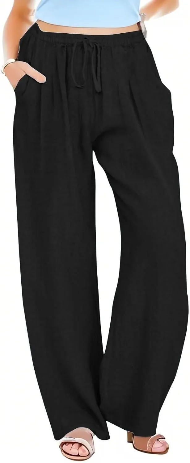 Womens Cotton Linen Palazzo Pants Drawstring Elastic Waist Casual Wide Leg Trousers Summer Beach Pants with Pockets