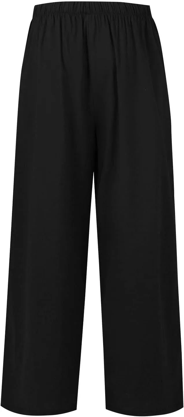 Womens Cotton Linen Palazzo Pants Drawstring Elastic Waist Casual Wide Leg Trousers Summer Beach Pants with Pockets