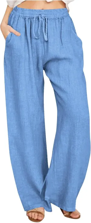 Womens Cotton Linen Palazzo Pants Summer Casual High Waist Trouser Trendy Lounge Pant with Pockets Vacation Outfits