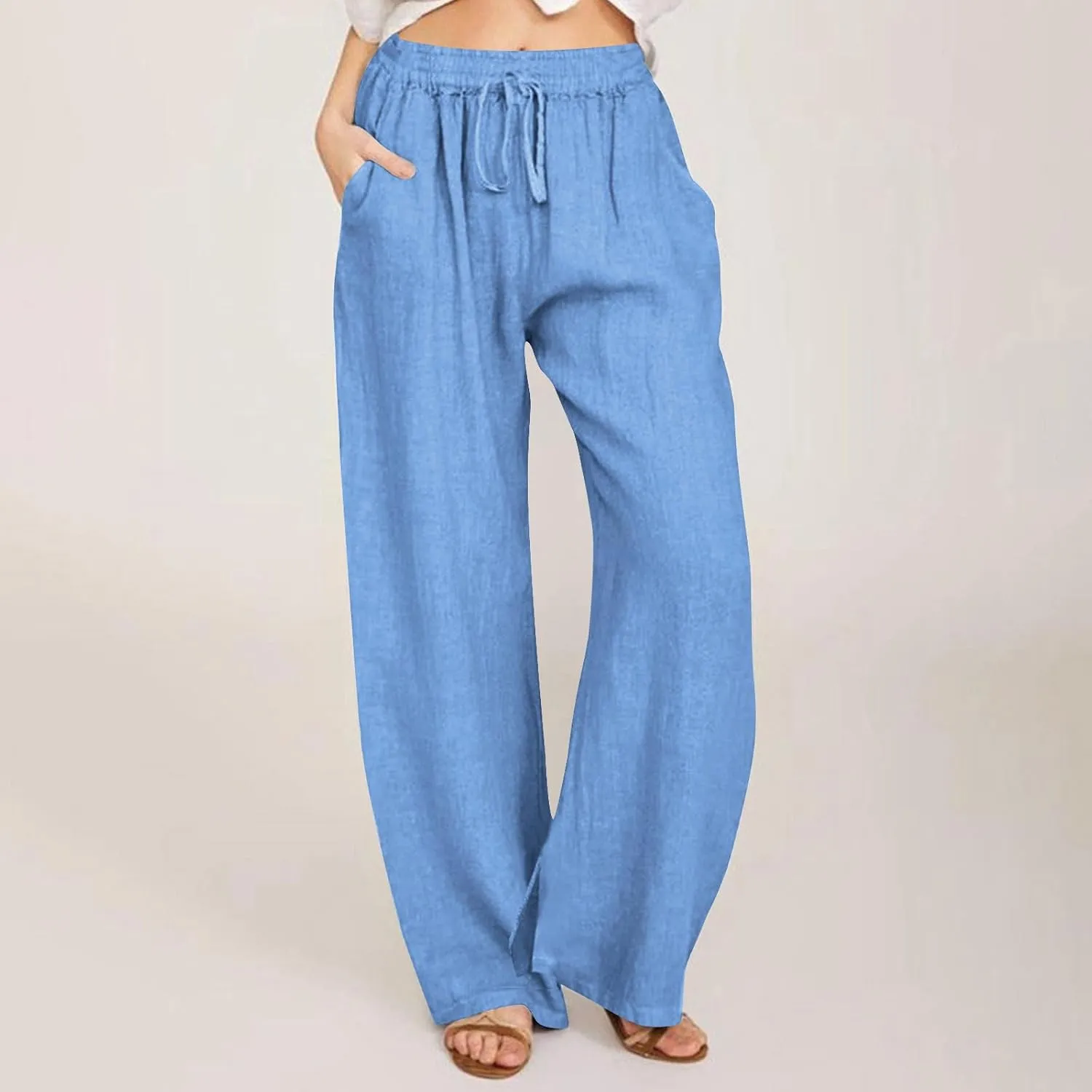 Womens Cotton Linen Palazzo Pants Summer Casual High Waist Trouser Trendy Lounge Pant with Pockets Vacation Outfits