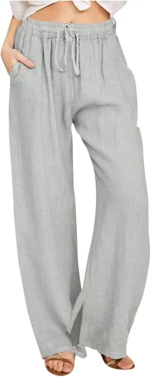Womens Cotton Linen Palazzo Pants Summer Casual High Waist Trouser Trendy Lounge Pant with Pockets Vacation Outfits
