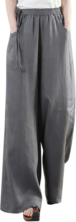 Women's Cotton Linen Palazzo Pants Trendy Wide Leg Pants High Waisted Boho Pants Summer Beach Outfits with Pockets