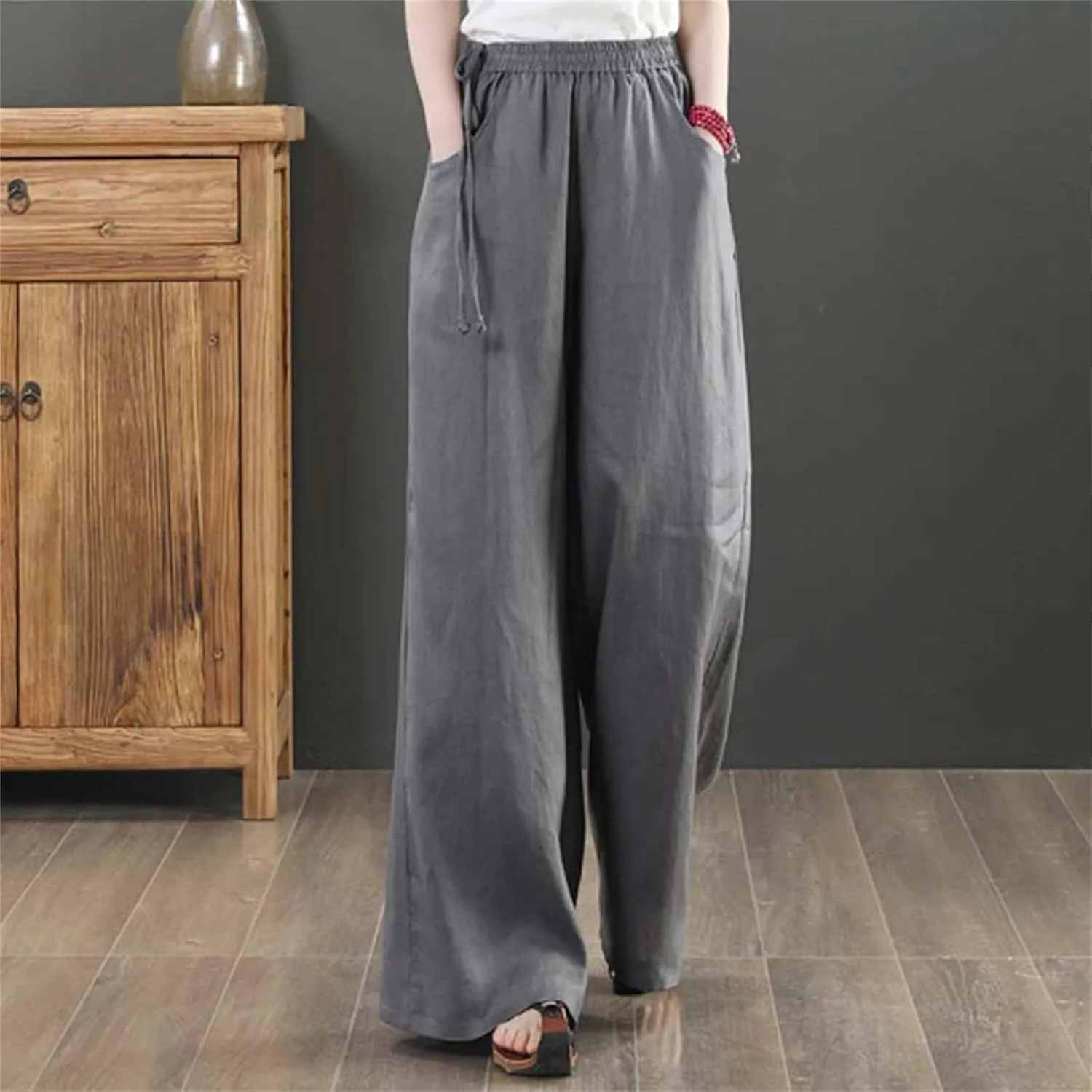 Women's Cotton Linen Palazzo Pants Trendy Wide Leg Pants High Waisted Boho Pants Summer Beach Outfits with Pockets