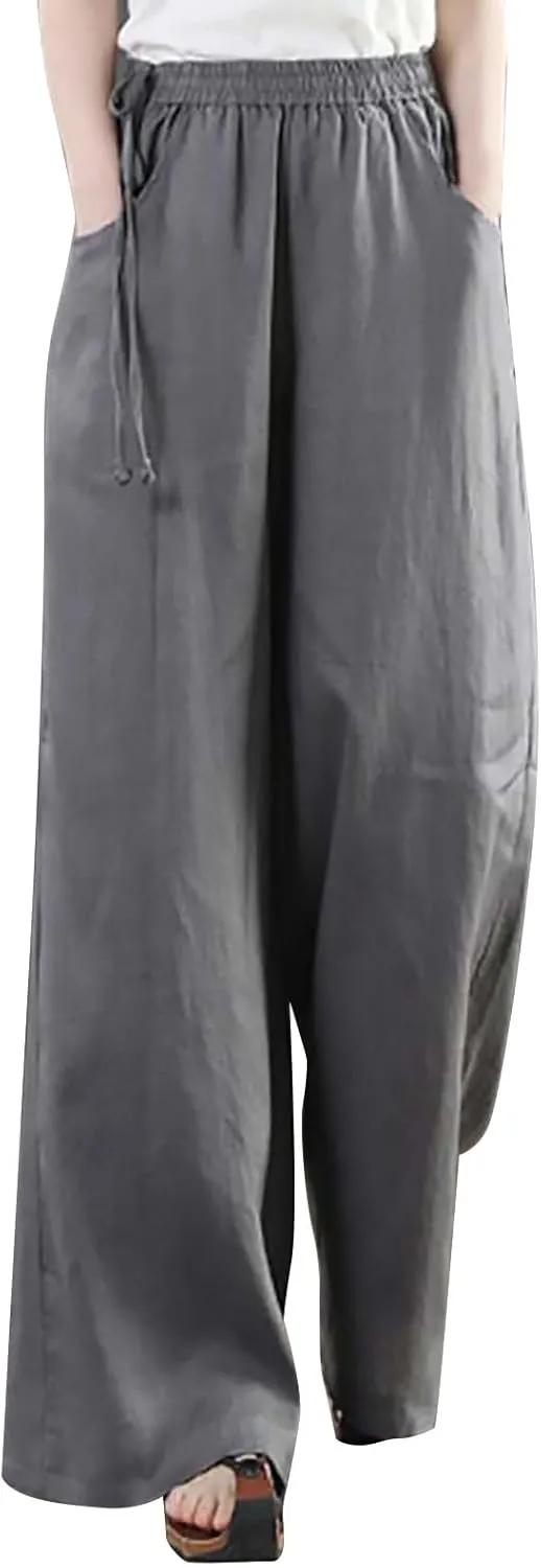 Women's Cotton Linen Palazzo Pants Trendy Wide Leg Pants High Waisted Boho Pants Summer Beach Outfits with Pockets