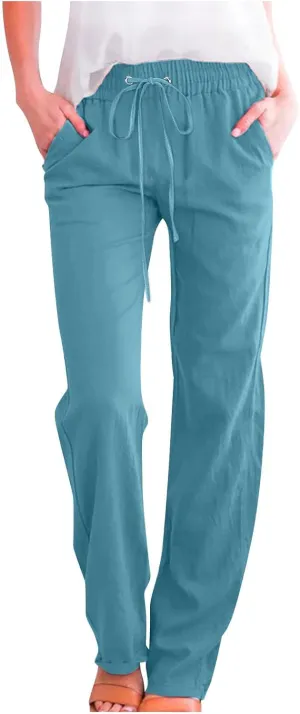 Women's Cotton Linen Pants 2025 Summer Wide Leg Casual Loose Pants Drawstring High Waist Trousers with Pockets