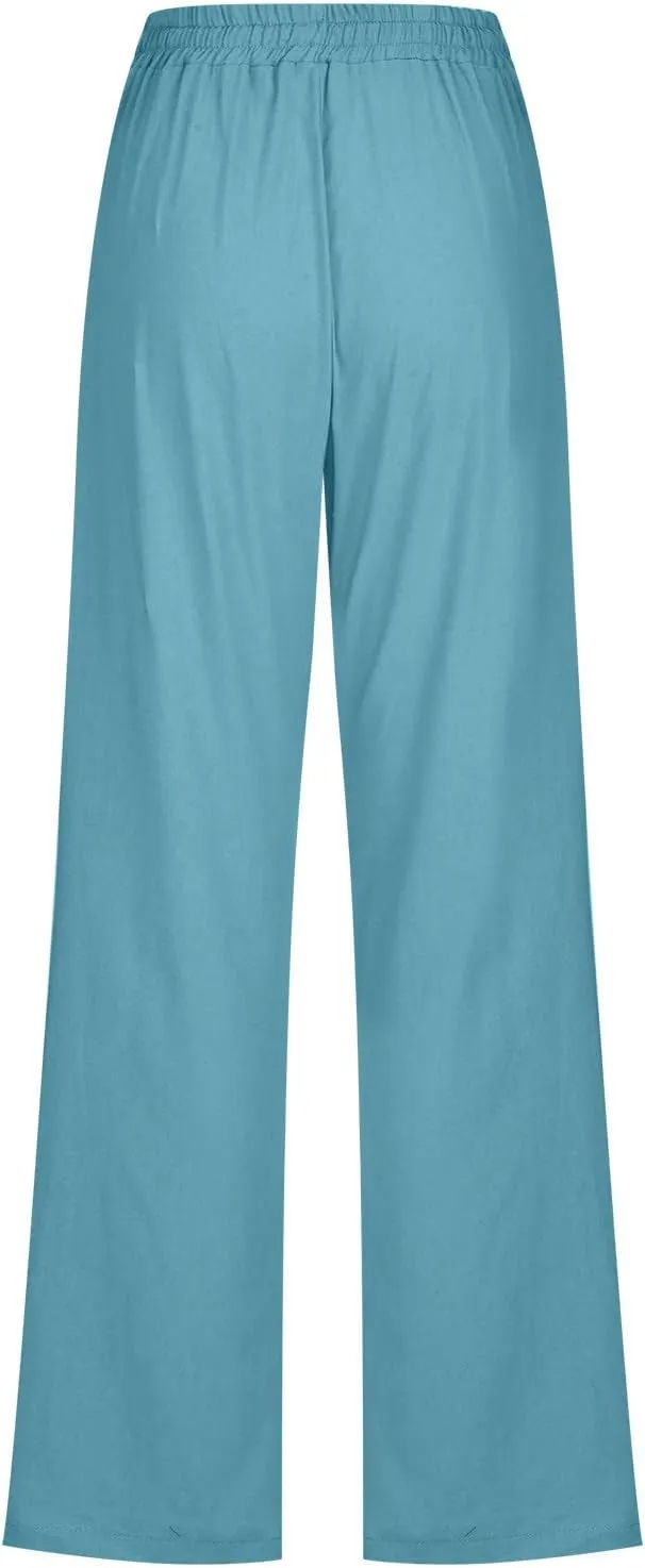 Women's Cotton Linen Pants 2025 Summer Wide Leg Casual Loose Pants Drawstring High Waist Trousers with Pockets