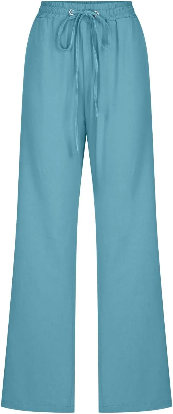 Women's Cotton Linen Pants 2025 Summer Wide Leg Casual Loose Pants Drawstring High Waist Trousers with Pockets