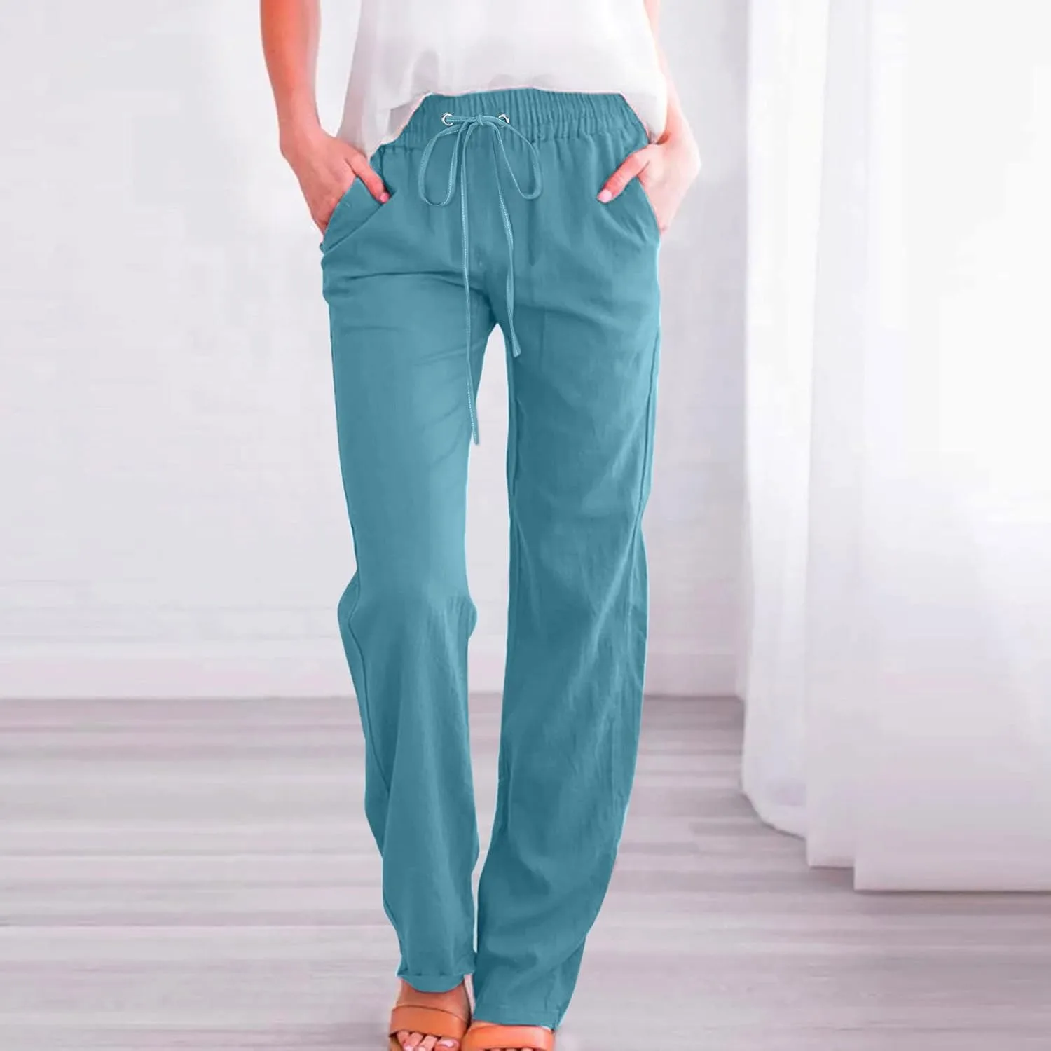 Women's Cotton Linen Pants 2025 Summer Wide Leg Casual Loose Pants Drawstring High Waist Trousers with Pockets