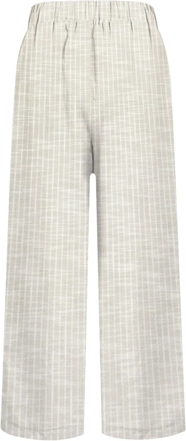 Women's Cotton Linen Pants Casual Boho Floral Print Elastic Waisted Drawstring Summer Palazzo Beach Baggy Capri Pant