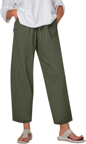 Women's Cotton Linen Pants Summer Wide Leg Casual Loose Drawstring High Waist Palazzo Pants Trousers w Pockets