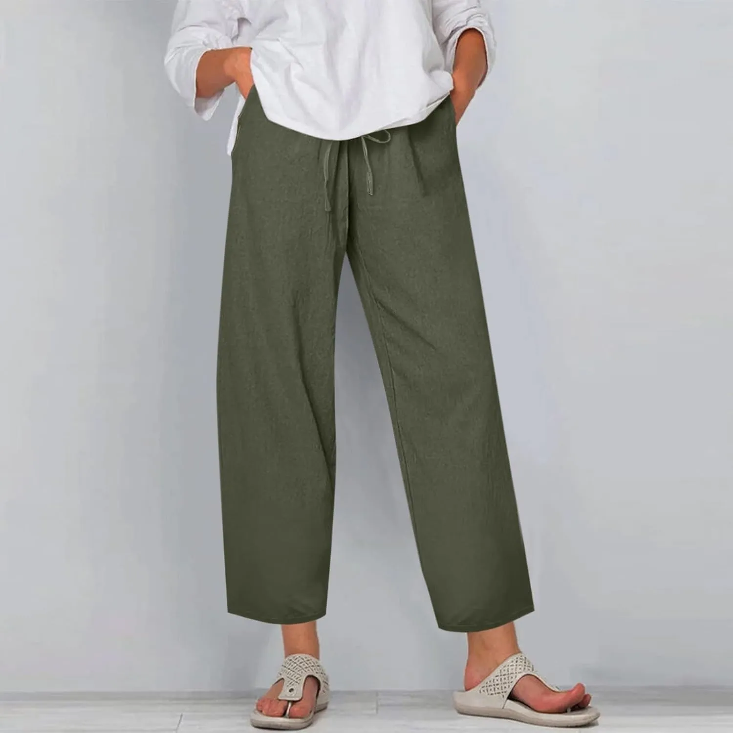 Women's Cotton Linen Pants Summer Wide Leg Casual Loose Drawstring High Waist Palazzo Pants Trousers w Pockets