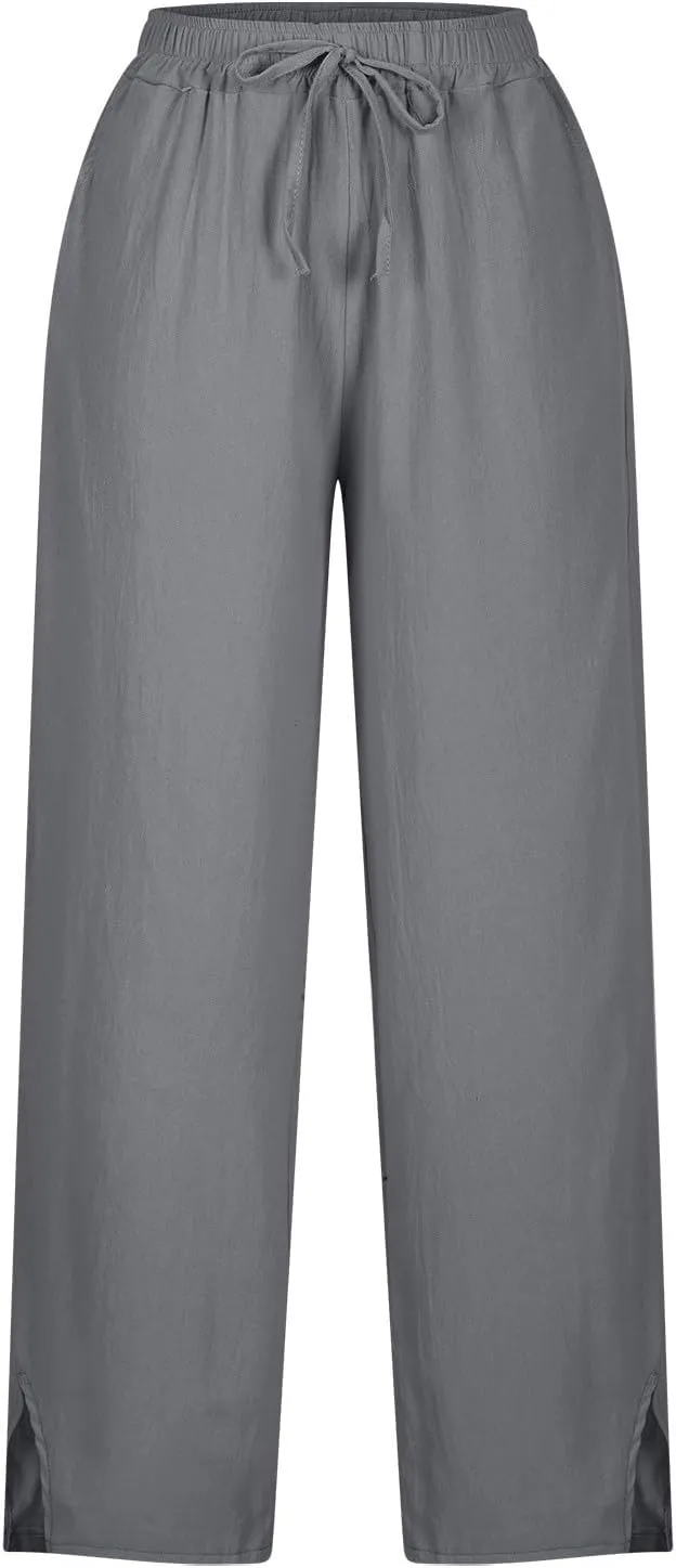 Womens Cotton Linen Pants Wide Leg Drawstring High Waist Casual Trousers Side Slit Beach Vacation Slacks with Pockets
