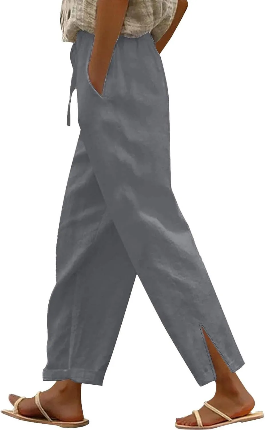 Womens Cotton Linen Pants Wide Leg Drawstring High Waist Casual Trousers Side Slit Beach Vacation Slacks with Pockets