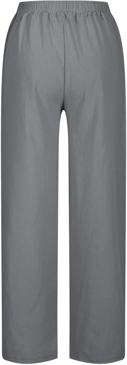 Womens Cotton Linen Pants Wide Leg Drawstring High Waist Casual Trousers Side Slit Beach Vacation Slacks with Pockets