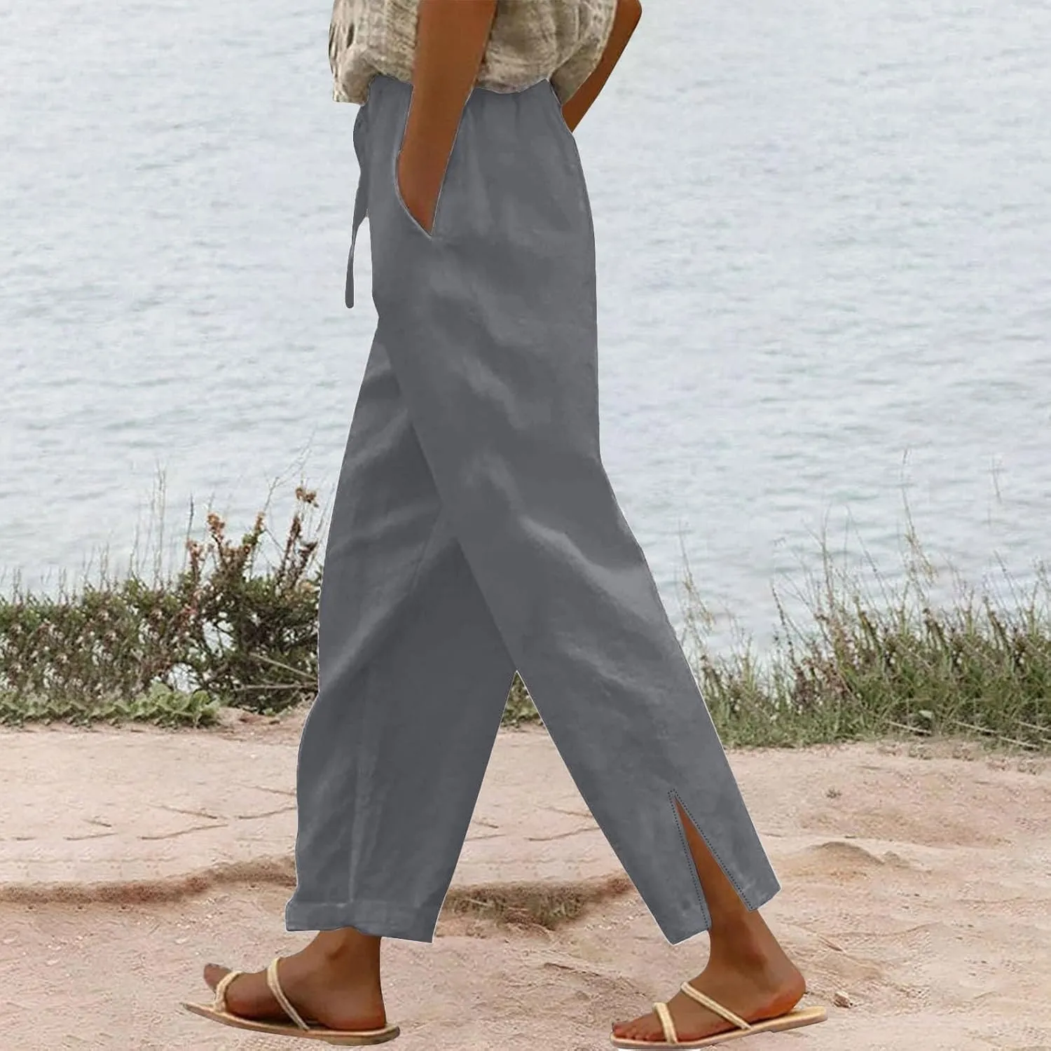 Womens Cotton Linen Pants Wide Leg Drawstring High Waist Casual Trousers Side Slit Beach Vacation Slacks with Pockets