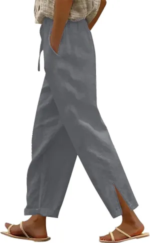 Womens Cotton Linen Pants Wide Leg Drawstring High Waist Casual Trousers Side Slit Beach Vacation Slacks with Pockets