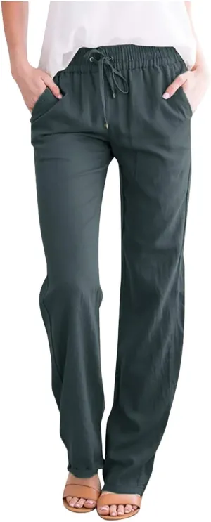 Women's Cotton Linen Straight Leg Pants Elastic Drawstring Casual Trousers with Pockets Summer Beach Lounge Pants