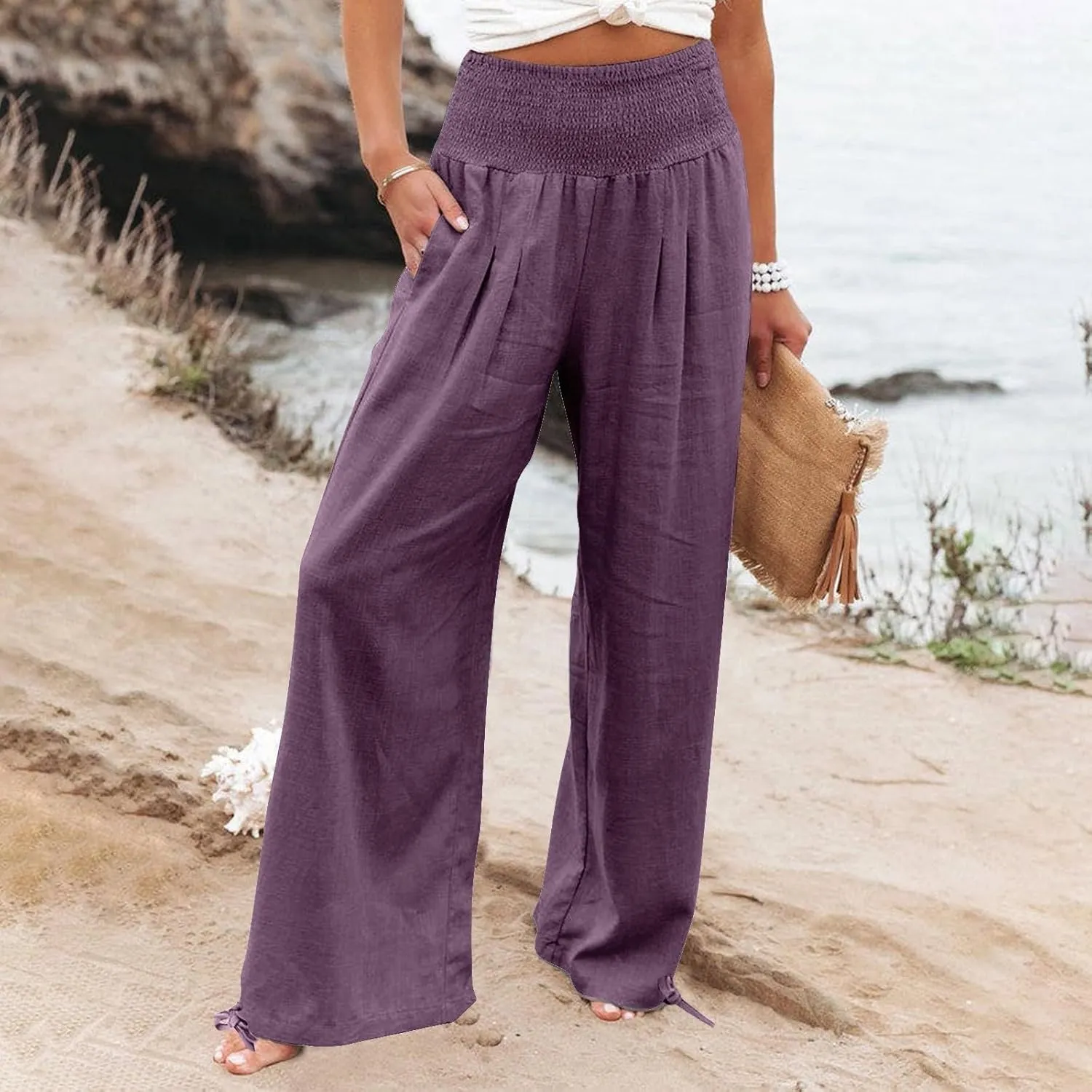 Women's Cotton Linen Summer Palazzo Pants Flowy Wide Leg Beach Trousers Smocked High Waisted Slacks with Pockets