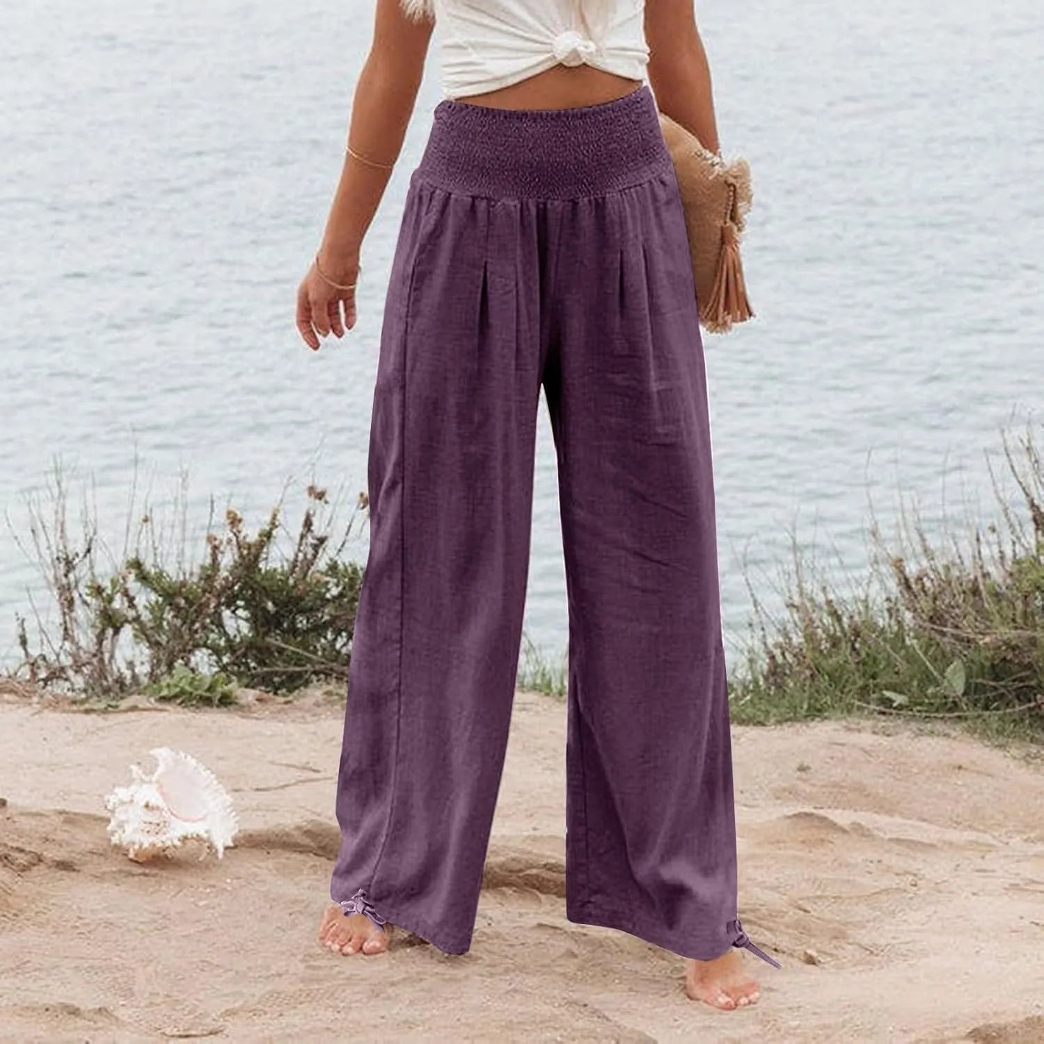 Women's Cotton Linen Summer Palazzo Pants Flowy Wide Leg Beach Trousers Smocked High Waisted Slacks with Pockets