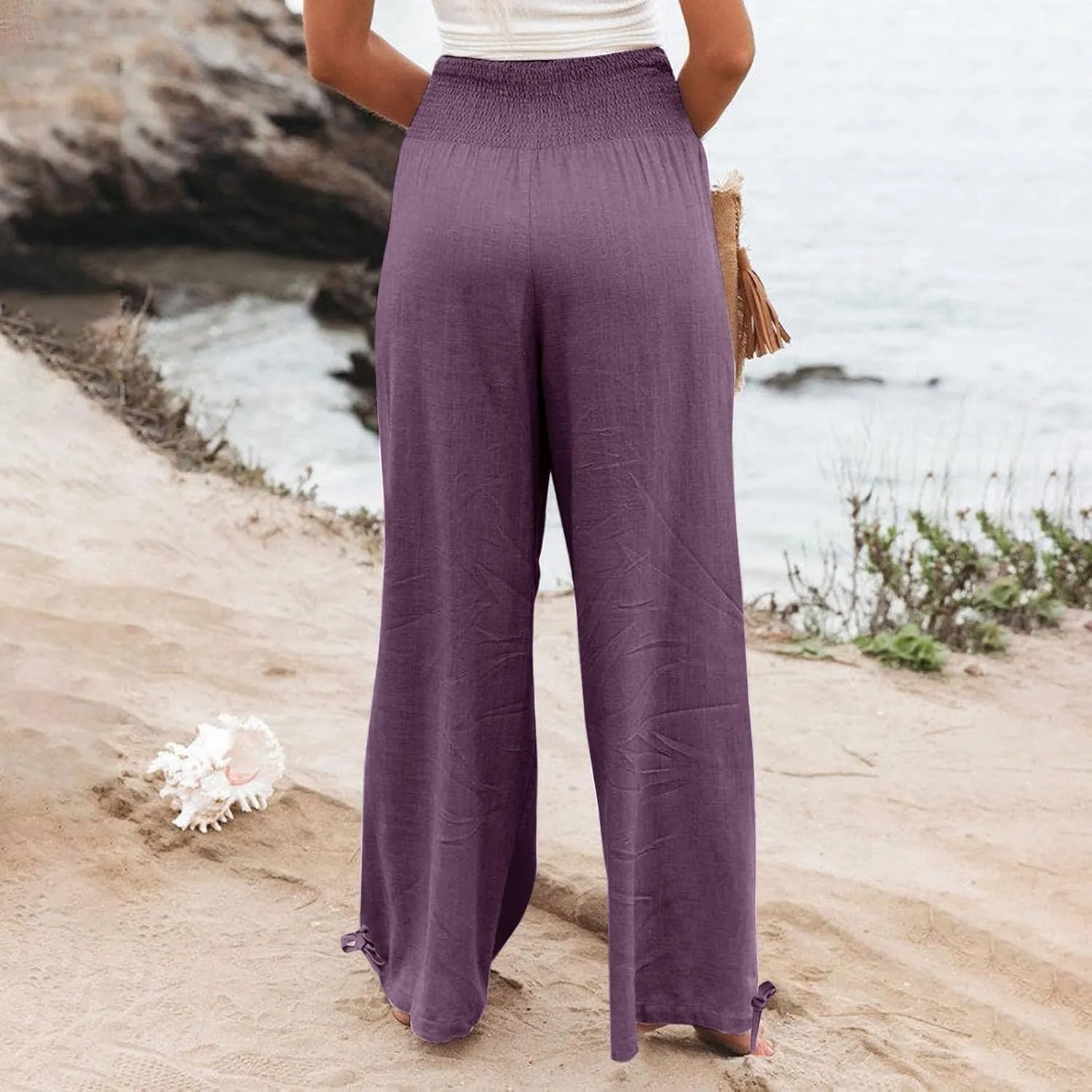 Women's Cotton Linen Summer Palazzo Pants Flowy Wide Leg Beach Trousers Smocked High Waisted Slacks with Pockets