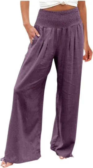 Women's Cotton Linen Summer Palazzo Pants Flowy Wide Leg Beach Trousers Smocked High Waisted Slacks with Pockets
