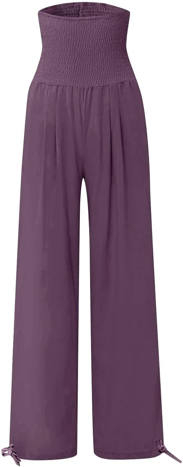 Women's Cotton Linen Summer Palazzo Pants Flowy Wide Leg Beach Trousers Smocked High Waisted Slacks with Pockets