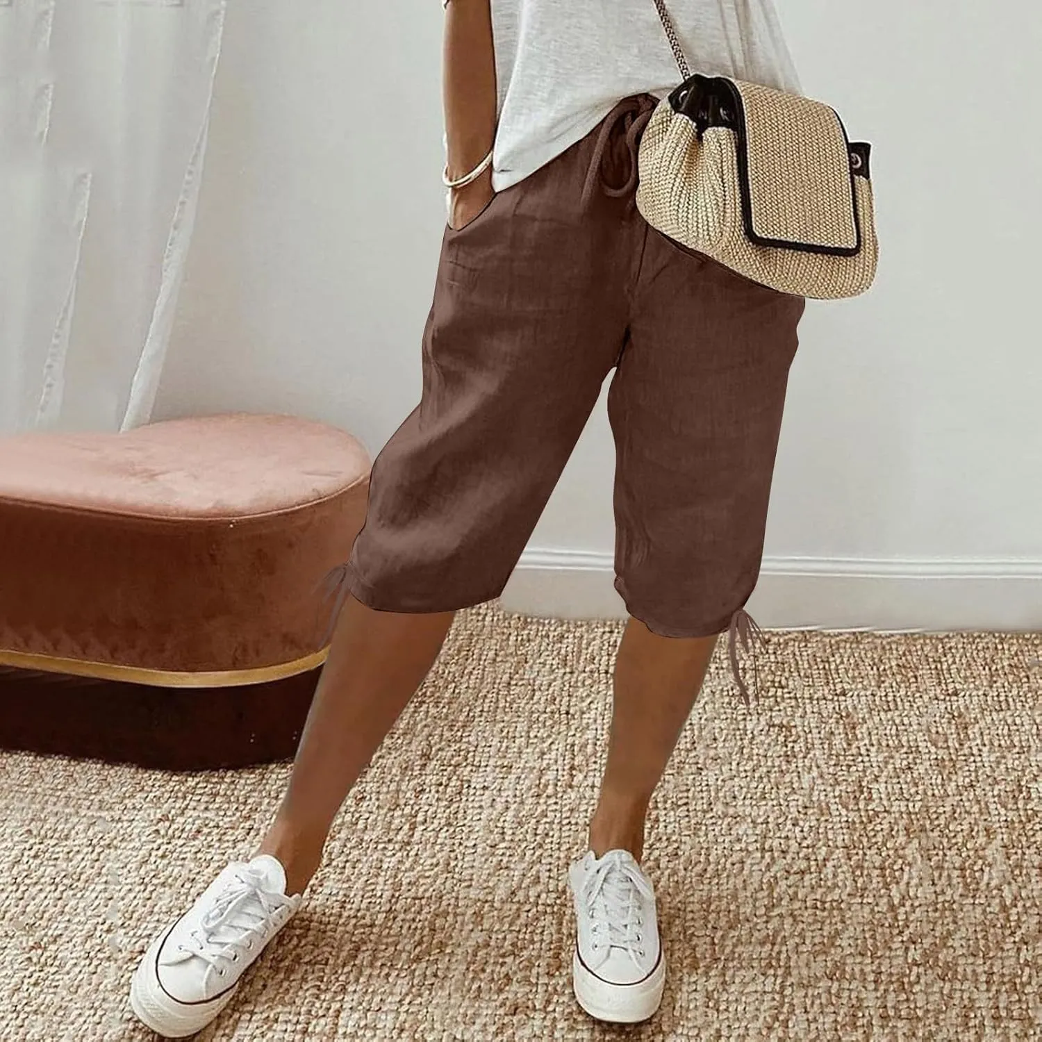 Women's Cotton Linen Summer Palazzo Pants Loose Cotton and Linen Pants Summer Drawstring Waist Wide Leg Pants