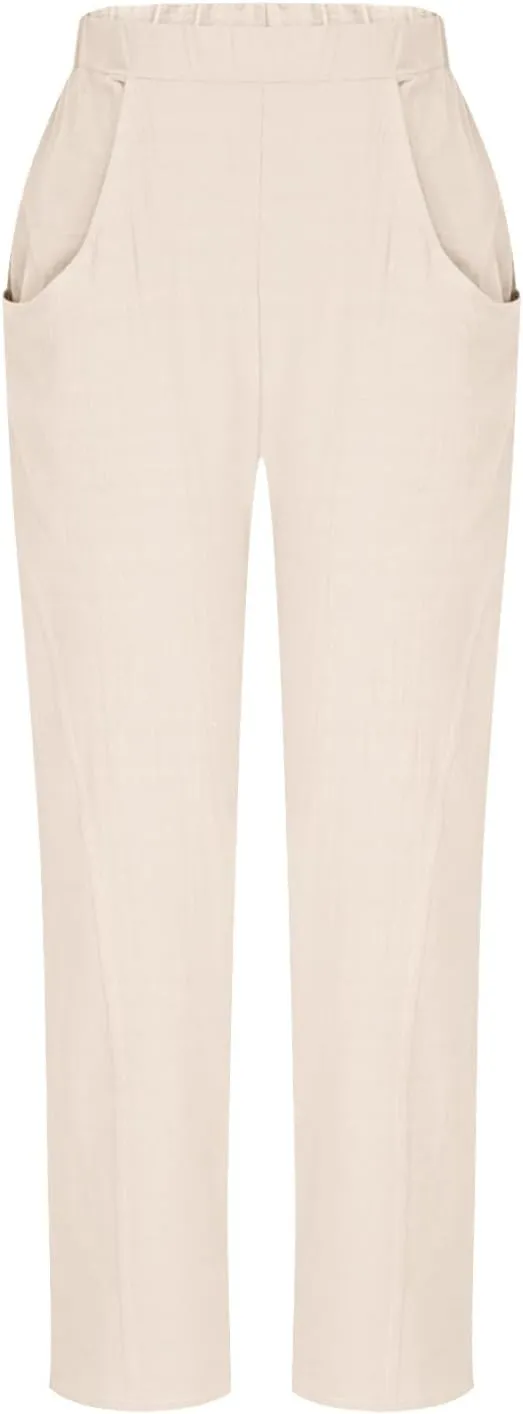 Womens Cotton Linen Wide Leg Pants Casual Summer Elastic High Waisted Palazzo Pants Beach Trousers with Pockets